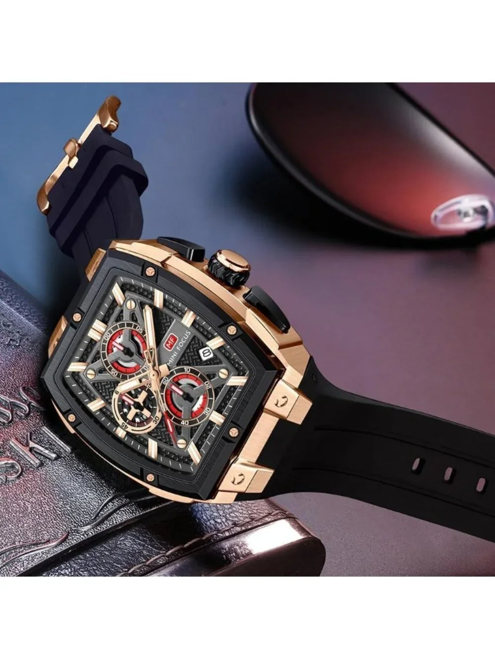 Men's Black Golden Analog Wrist Skeleton Tonneau Chronograph Enthusiasts Watch